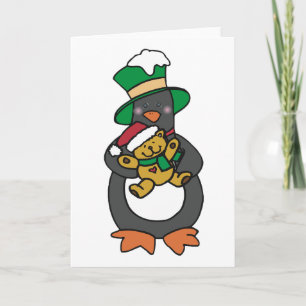 Cartão Pinguim Irlandês Segurando Urso de Natal