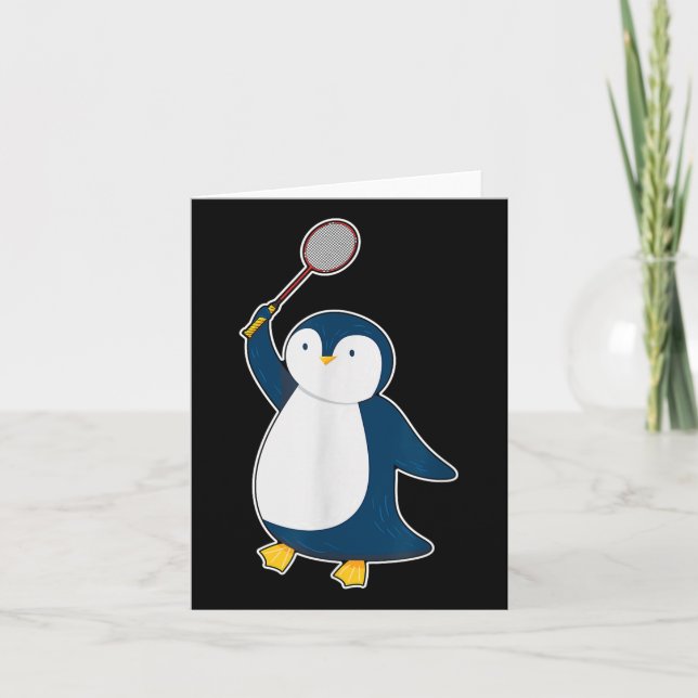 Cartão Pinguim Jogador de Badminton e Peteca (Frente)