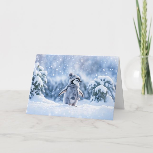 Cartão Pinguim na neve se refrescando com chapéu de Natal (Frente)