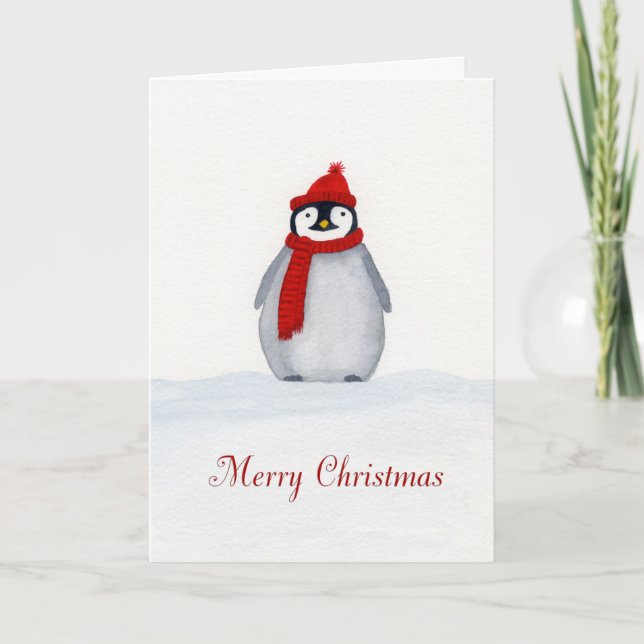Cartão Pinguim Natal com aquarela (Frente)