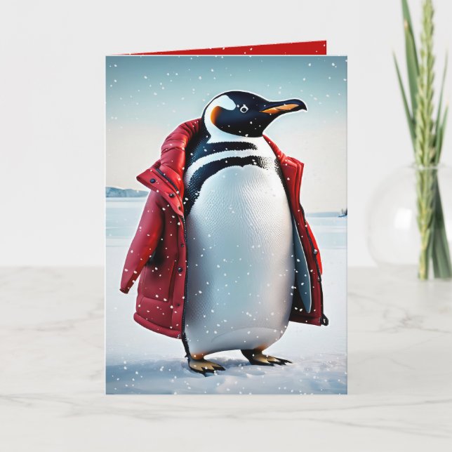 Cartão Pinguim Natal Com Casaco Vermelho (Frente)