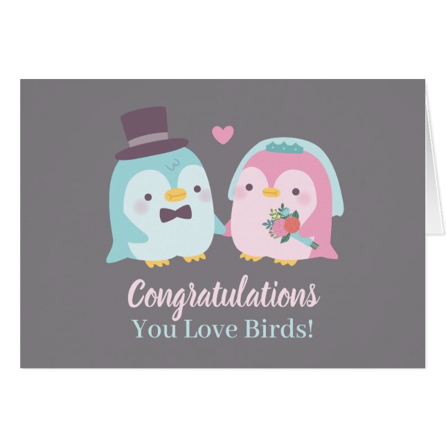 Cartão Pinguim Noivo e Noiva Felicitações de Casamento (Frente Horizontal)