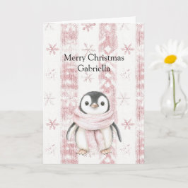 Cartão Pinguim Rosa Flocos de Neve Natal