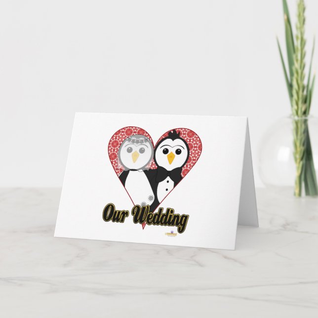 Cartão Pinguins Casando Lace Coração Nosso Casamento (Frente)