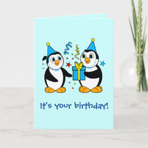 Cartão Pinguins de Cartoon de Aniversário com presentes