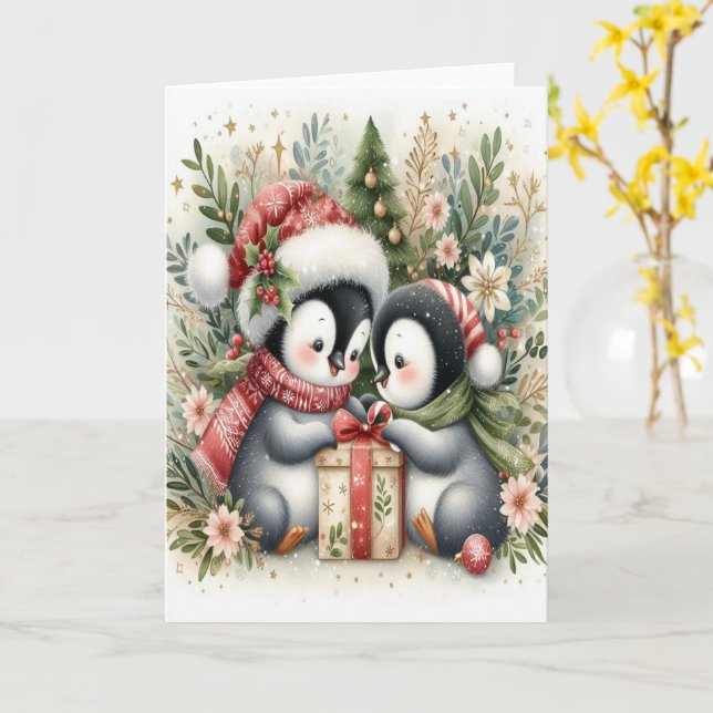 Cartão Pinguins de Natal 5 (Flor Amarela)