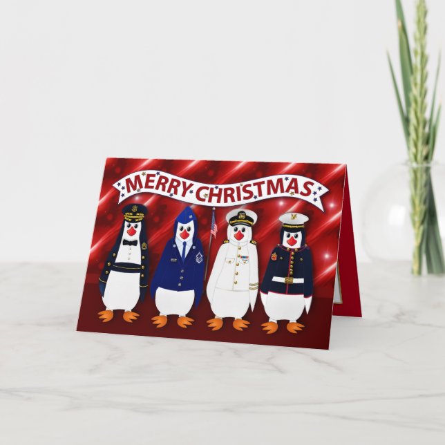 Cartão Pinguins Militares de Natal 4 Ramais Uniformes C (Frente)