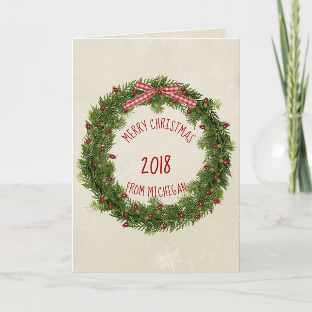 Cartão Pinheira de Natal com luzes vermelhas (Frente)