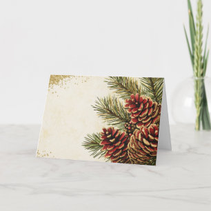Cartão Pinheiros vermelhos e Dourados com Pine Cones