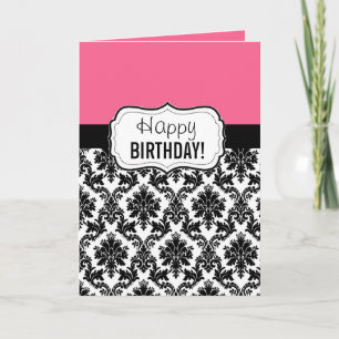 Cartão Pink and Black Damask, Birthday