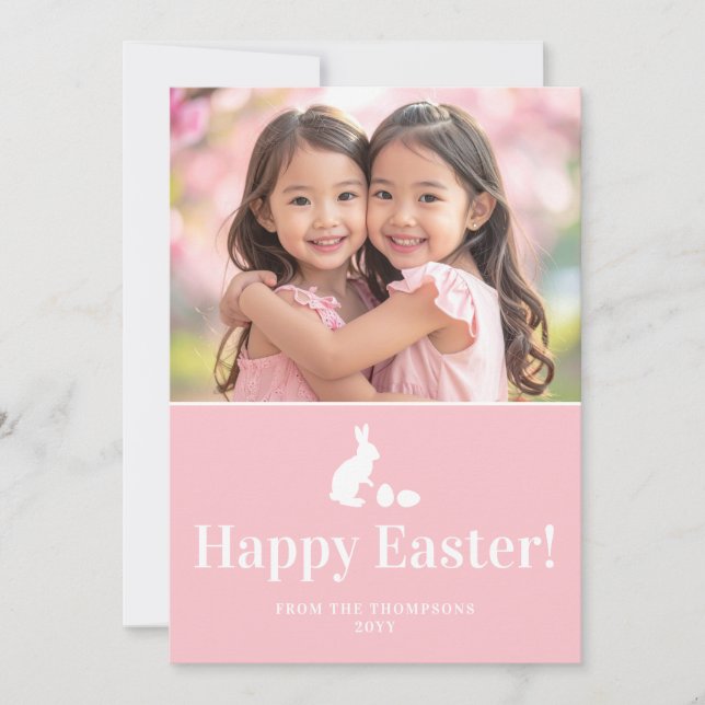 Cartão Pink And White Bunny With Custom Photo Easter (Frente)