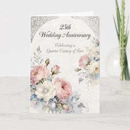 Cartão Pink and White Flowers 25th Wedding Anniversary