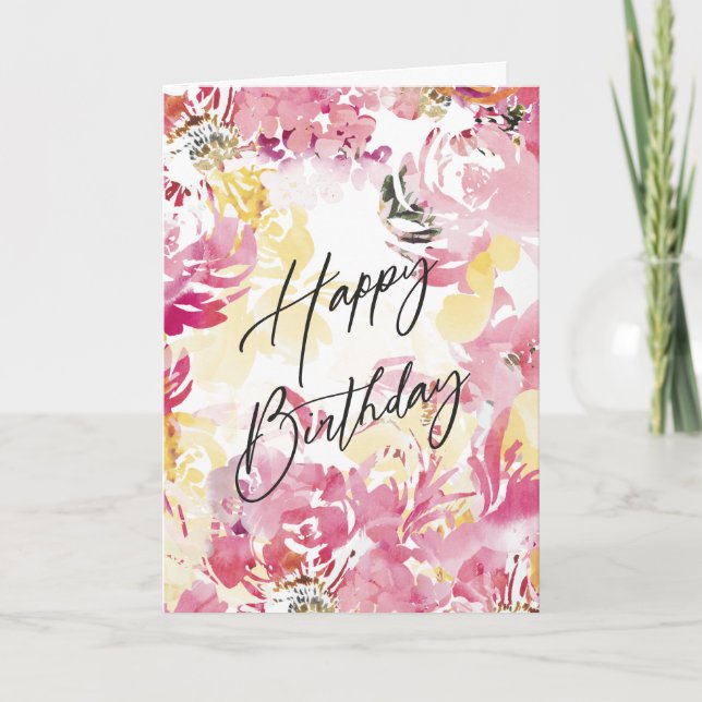 Cartão Pink Blush Happy Birthday Design Floral (Frente)