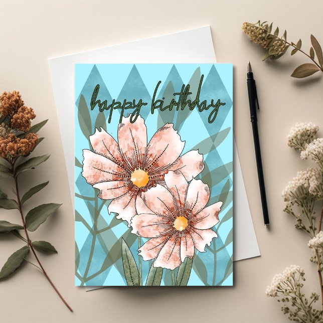 Cartão Pink Cosmos Birthday (Unique Birthday Cards: Geometric and Flat Art styles featuring florals, animals, and modern designs
)