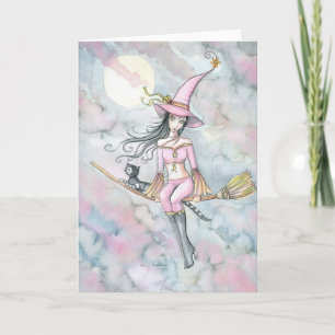 Cartão Pink Dawn Halloween Witch and Cat Card