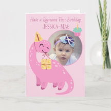 Pink Dinosaur 1st Birthday Card