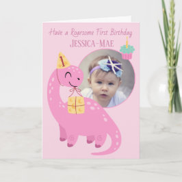 Cartão Pink Dinosaur 1st Birthday Card