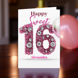 Cartão Pink Elegante e Gemstone Glittering Sweet 16