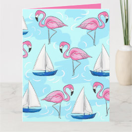 Cartão Pink Flamingo Blue Sailboat Preppy