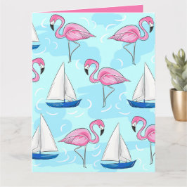 Cartão Pink Flamingo Blue Sailboat Preppy
