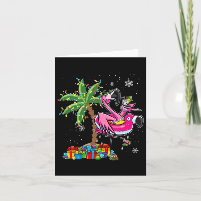Cartão Pink Flamingo de Natal Palm Tree Tropical Xmas Ho (Frente)