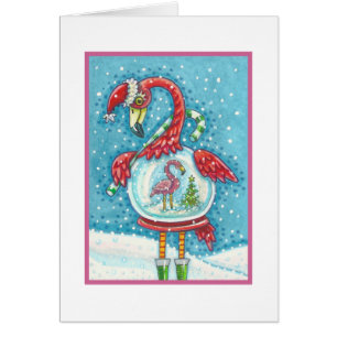 CARTÃO PINK FLAMINGO SNOWGLOBE, CHRISTMAS GREEECARD B