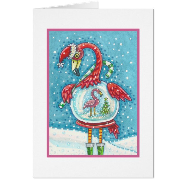 CARTÃO PINK FLAMINGO SNOWGLOBE, CHRISTMAS GREEECARD B (Frente)