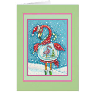 CARTÃO PINK FLAMINGO SNOWGLOBE, CHRISTMAS GREEECARD B