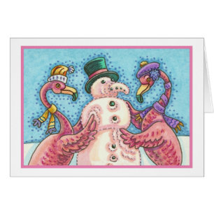 CARTÃO PINK FLAMINGO SNOWMAN, CHRISTMAS GREEECARD B