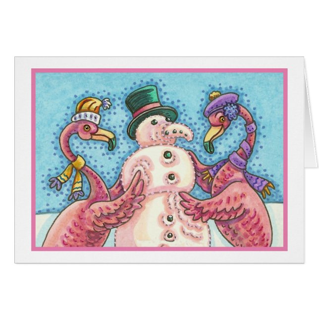 CARTÃO PINK FLAMINGO SNOWMAN, CHRISTMAS GREEECARD B (Frente horizontal)