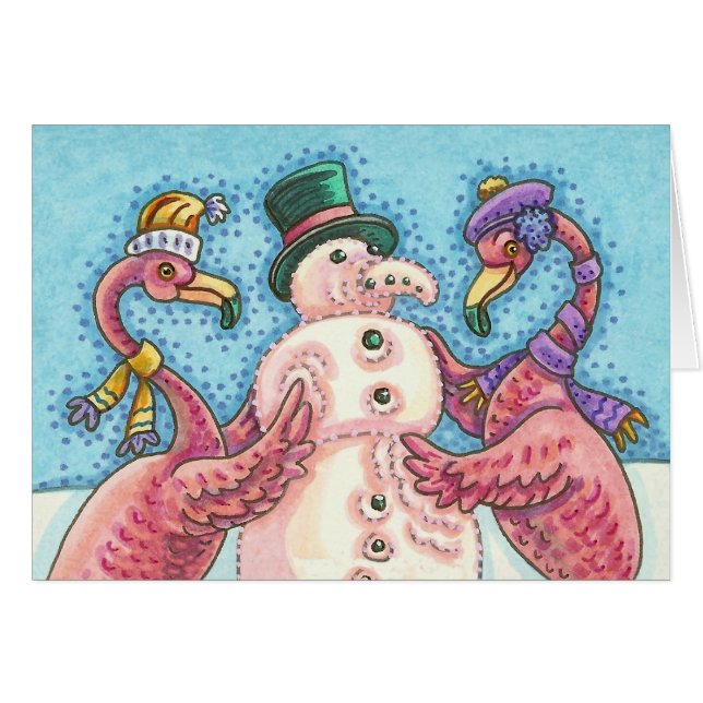 CARTÃO PINK FLAMINGO SNOWMAN, CHRISTMAS GREEECARD B (Frente horizontal)