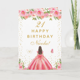 Cartão Pink Floral Brunette Hair Girl Birthday