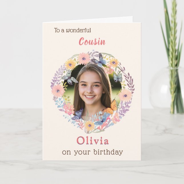 Cartão Pink Floral Elegant Female Cousin Photo Birthday (Frente)