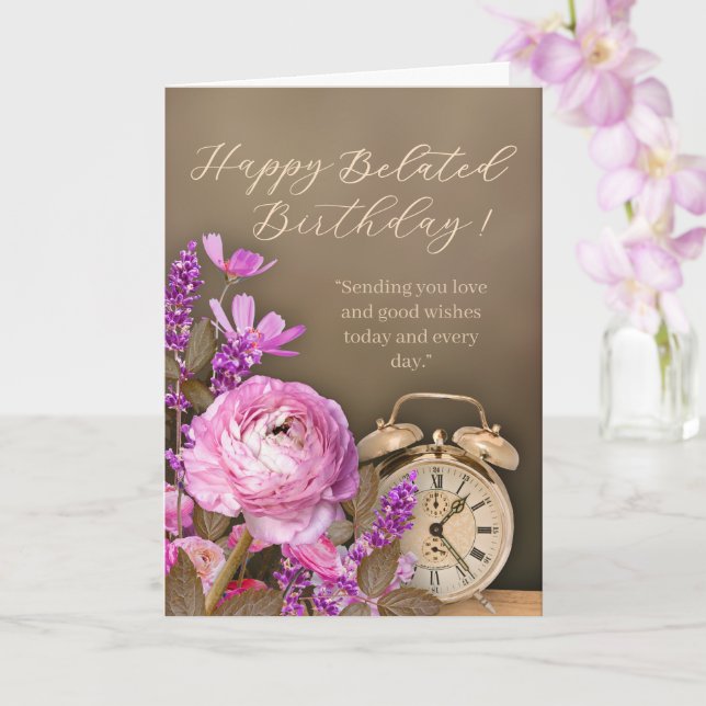 Cartão Pink Floral Gold Clock Belated Birthday Card (Orquídea)
