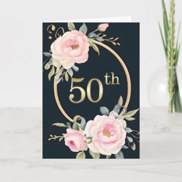 Cartão Pink Flowers on Black 50th Wedding Anniversary