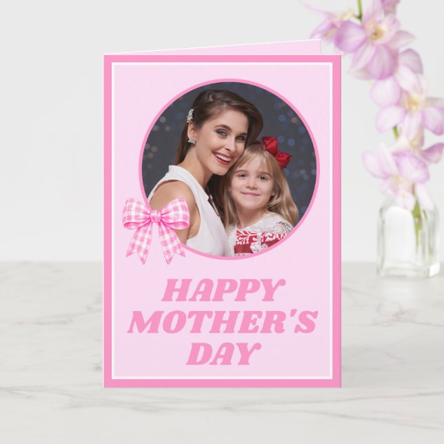 Cartão Pink Gingham Bow Photo Mother's Day Card (Orquídea)