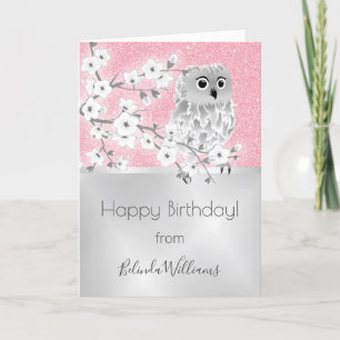 Cartão Pink Glitter Silver Owl Happy Birthday