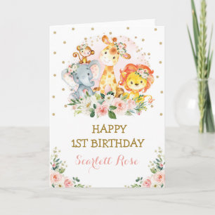Cartão Pink Gold Floral Jungle Safari Animals Birthday
