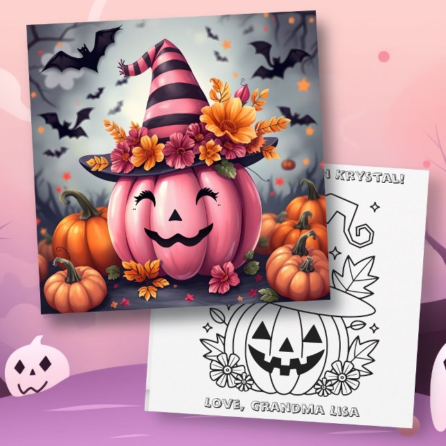 Cartão Pink Halloween Pumpkin & Coloring Page Personalize (Criador carregado)