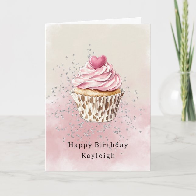 Cartão Pink Heart Leopard Cupcake Birthday (Frente)