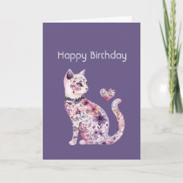 Cartão Pink Purple Floral Heart Cat Birthday