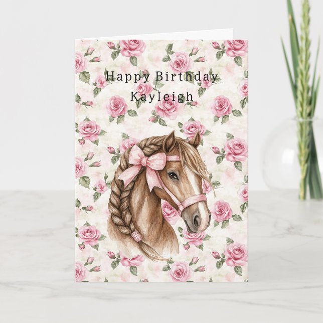 Cartão Pink Roses Floral Pretty Horse Pink Bow Birthday (Frente)