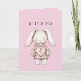 Cartão Pink Sweet Cute Bunny Pink Sweater Heart Birthday