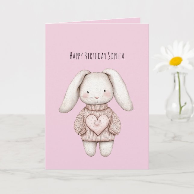 Cartão Pink Sweet Cute Bunny Pink Sweater Heart Birthday (Planta pequena)