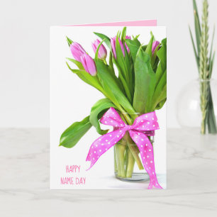 Cartão pink tulip bouquet with bow for Name Day