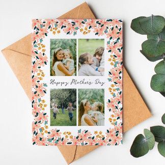 Cartão Pink Watercolor Floral Garden 4 Photo Mother's Day