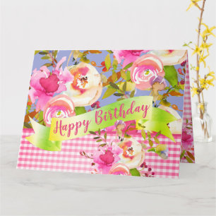 Cartão Pink Watercolor Floral Happy Birday com Mensagem