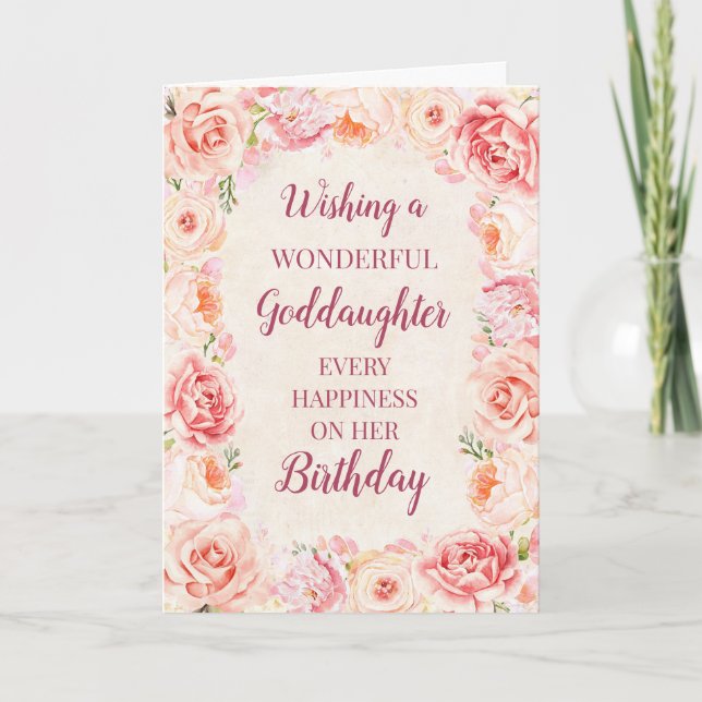 Cartão Pink Watercolor Flowers Godchild Birthday (Frente)