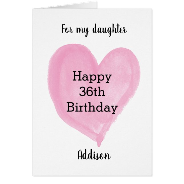 Cartão Pink Watercolor Heart 36th Birthday (Frente)