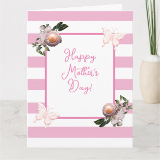 Cartão Pink & White Stripe Floral Pearl Mother's Day